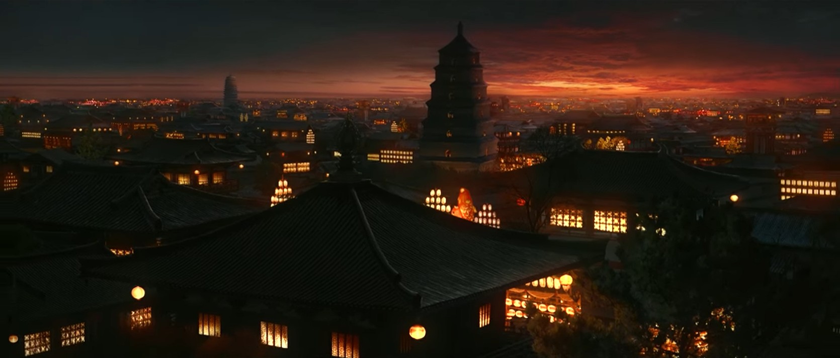 The panoramic view of the city at dusk.
